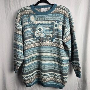 Vintage Maggie Lawrence Fair Isle Fairy Kei Medium Embroidered Sweater 90s Y2K
